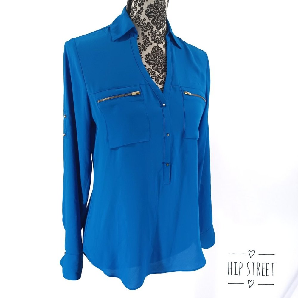 EXPRESS LS Roll Tab Zip Pocket Button Placket V Neck Shirt Blouse XS NWT